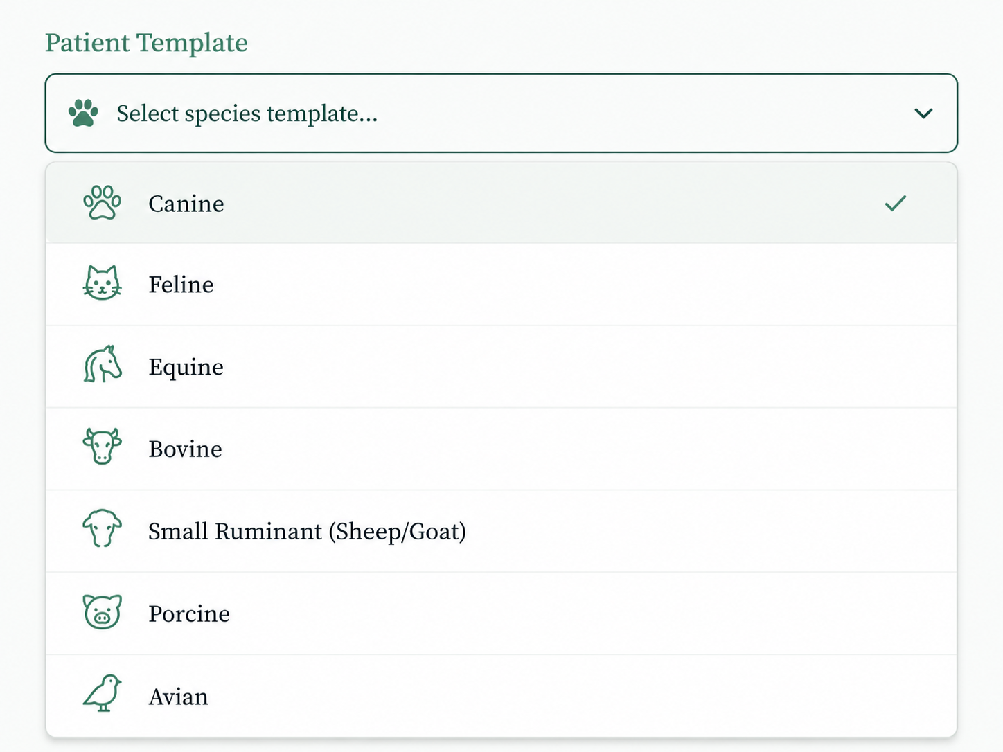 Species template picker for canine and feline