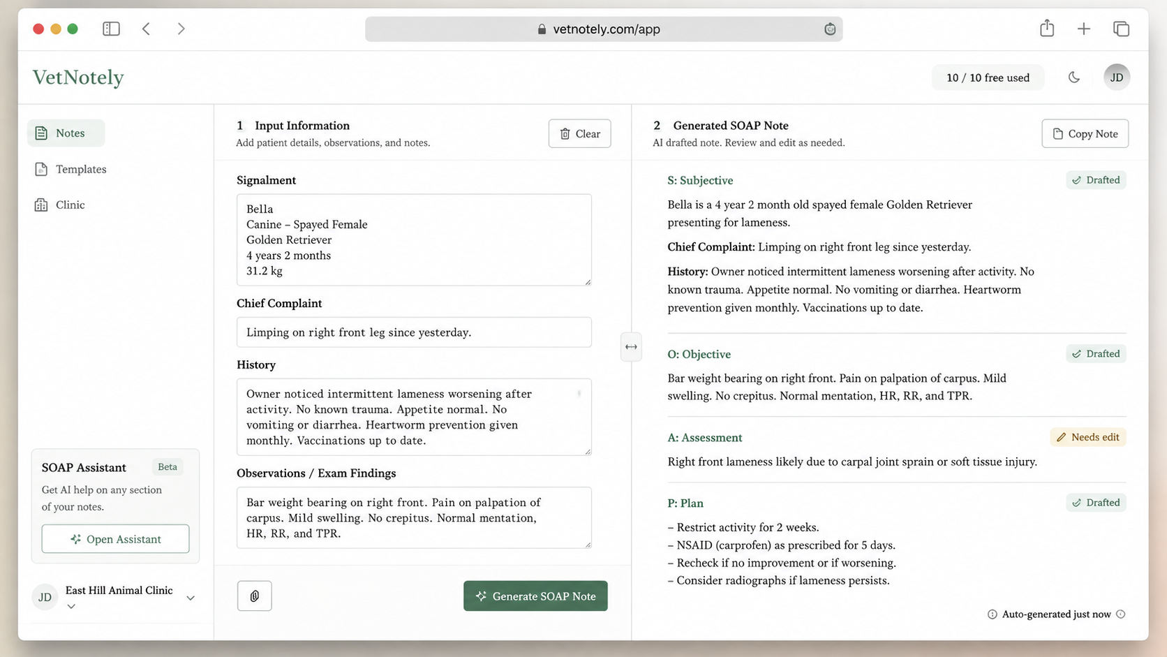 VetNotely — paste visit bullets, get structured veterinary SOAP notes